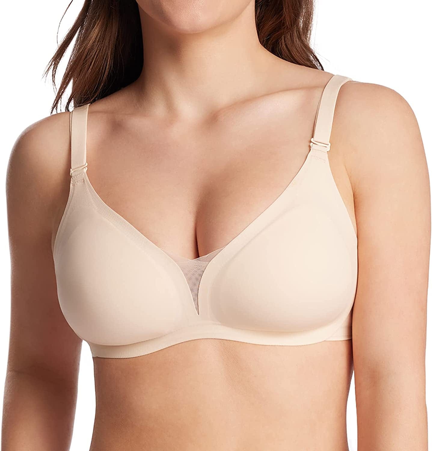 Seamless Bra Supportive Wireless Bra for Women plus Size Comfort Bra Deep-V Meshed Neck Invisible Bralette YN48 Cream / X-Large