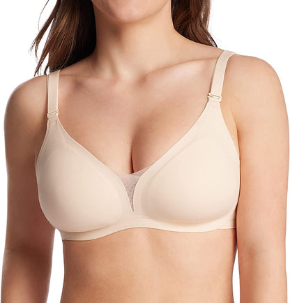 Seamless Bra Supportive Wireless Bra for Women plus Size Comfort Bra Deep-V Meshed Neck Invisible Bralette YN48 Cream / X-Large