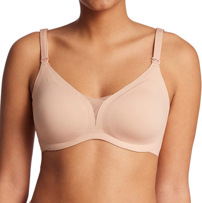 Seamless Bra Supportive Wireless Bra for Women plus Size Comfort Bra Deep-V Meshed Neck Invisible Bralette YN48 Beige / X-Large