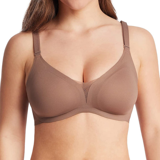 Seamless Bra Supportive Wireless Bra for Women plus Size Comfort Bra Deep-V Meshed Neck Invisible Bralette YN48 Deep Brown / Medium