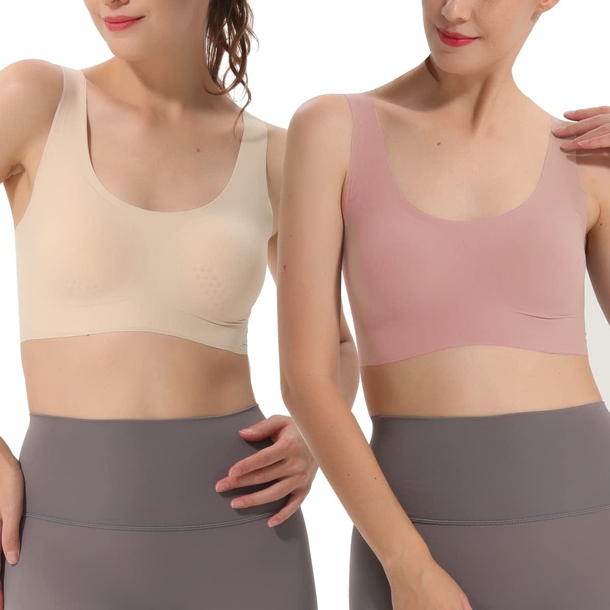 Seamless Bras for Women Wireless Bra Lightly No-Underwire Design Low-Impact Sports Bras Comfy Daily Bra Pink + Beige / Large
