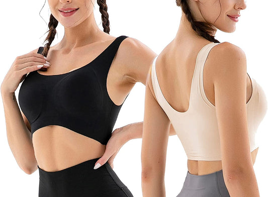 Seamless Bras for Women Wireless Bra Lightly No-Underwire Design Low-Impact Sports Bras Comfy Daily Bra Black + Beige / Large