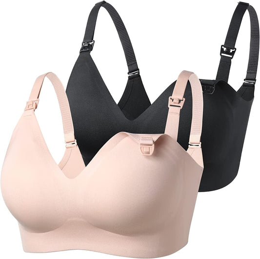Seamless Nursing Bra for Women 2 Pack Comfort Smooth Breastfeeding Maternity Bralette Wireless Pregnancy Bra 2 Pack-black,beige / Small