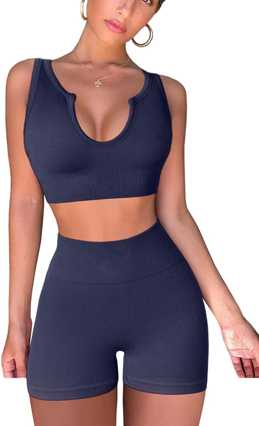 Seamless Workout Sets for Women Ribbed Sport Bra High Waist Running Shorts Gym 2 Piece Yoga Sets Dark Blue / Medium