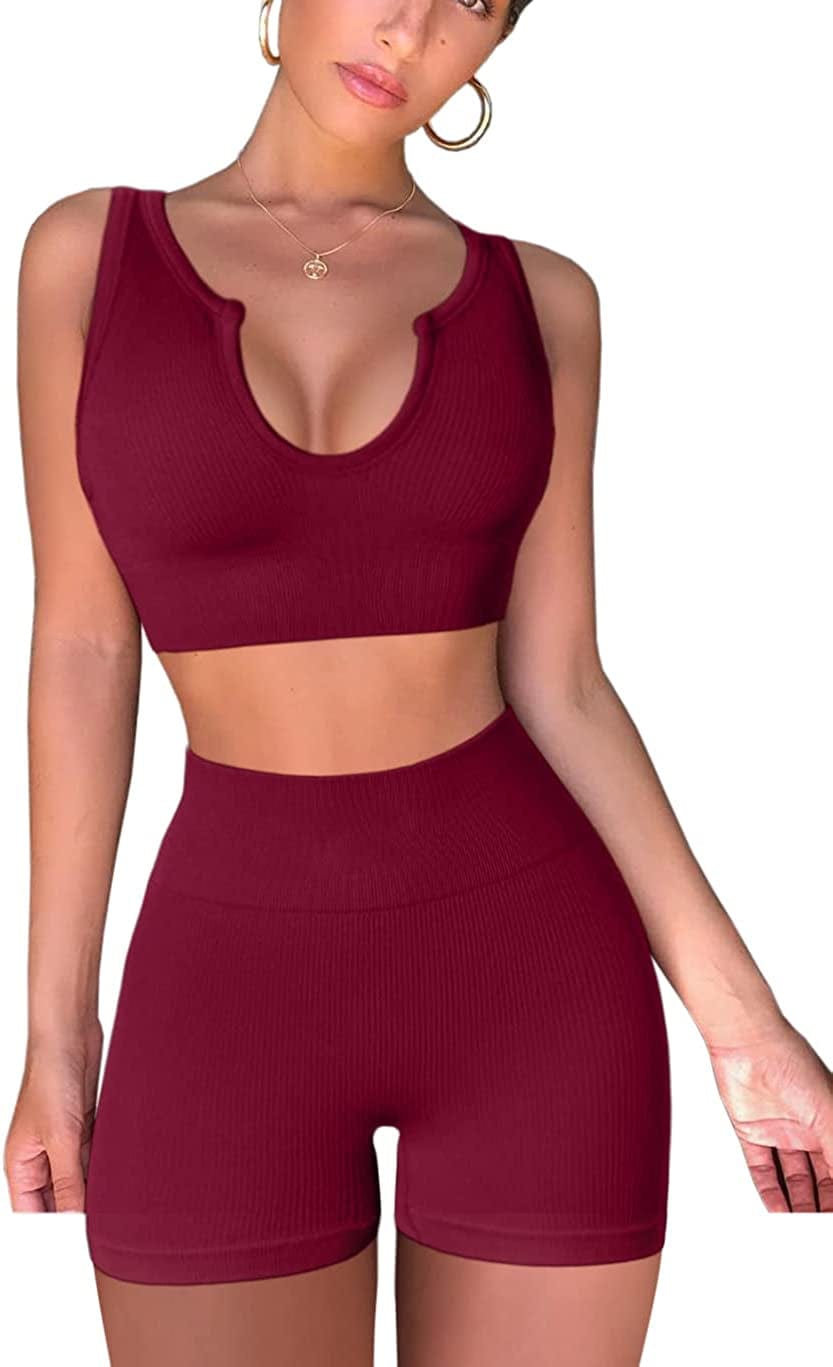 Seamless Workout Sets for Women Ribbed Sport Bra High Waist Running Shorts Gym 2 Piece Yoga Sets Wine / Medium