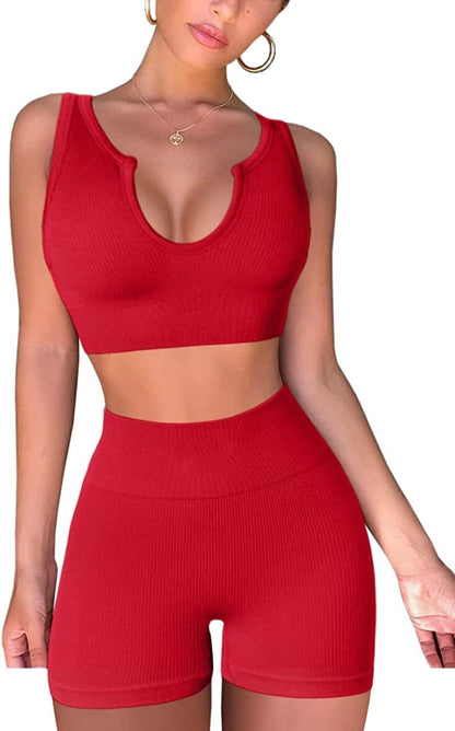 Seamless Workout Sets for Women Ribbed Sport Bra High Waist Running Shorts Gym 2 Piece Yoga Sets Red / Medium
