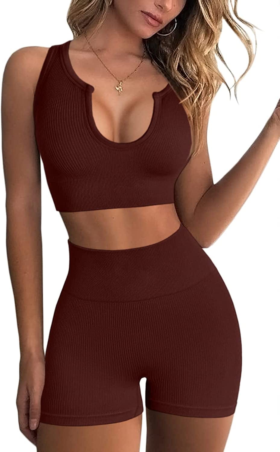 Seamless Workout Sets for Women Ribbed Sport Bra High Waist Running Shorts Gym 2 Piece Yoga Sets Coffee / Medium