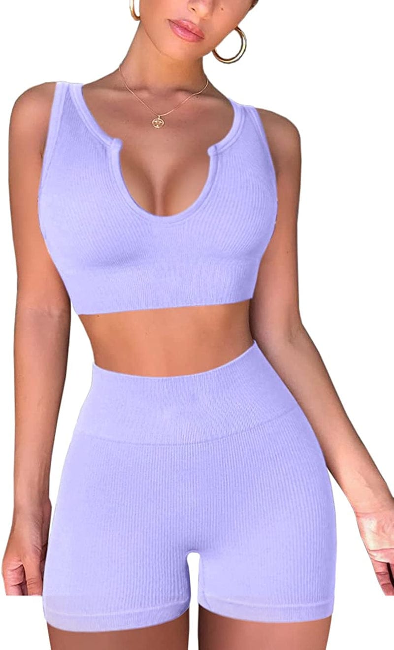 Seamless Workout Sets for Women Ribbed Sport Bra High Waist Running Shorts Gym 2 Piece Yoga Sets Light Purple / Medium