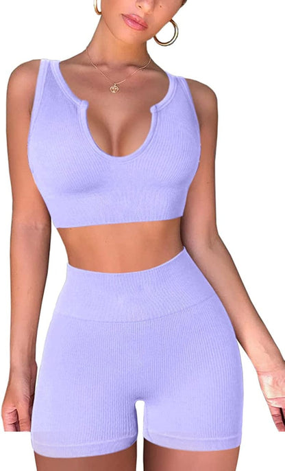 Seamless Workout Sets for Women Ribbed Sport Bra High Waist Running Shorts Gym 2 Piece Yoga Sets Light Purple / Medium