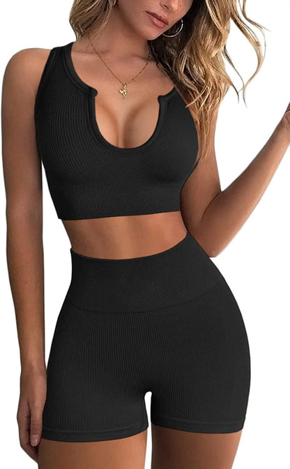 Seamless Workout Sets for Women Ribbed Sport Bra High Waist Running Shorts Gym 2 Piece Yoga Sets Black / Medium