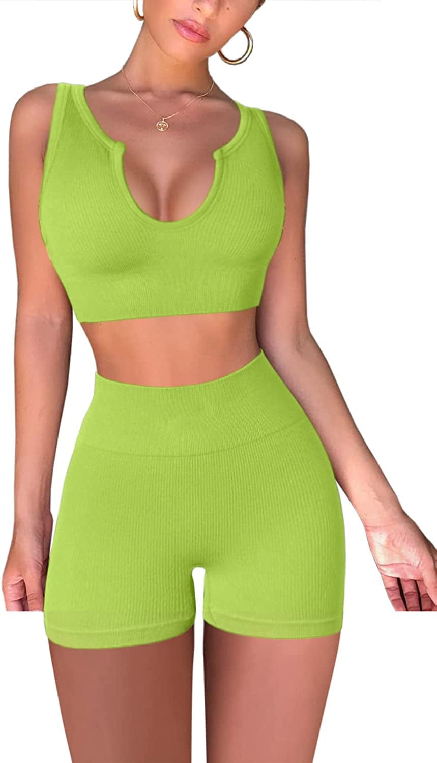 Seamless Workout Sets for Women Ribbed Sport Bra High Waist Running Shorts Gym 2 Piece Yoga Sets Light Green / Medium