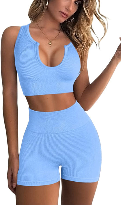 Seamless Workout Sets for Women Ribbed Sport Bra High Waist Running Shorts Gym 2 Piece Yoga Sets