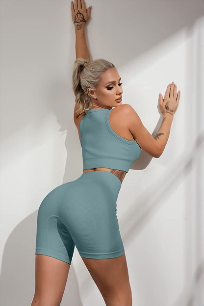 Seamless Workout Sets for Women Ribbed Sport Bra High Waist Running Shorts Gym 2 Piece Yoga Sets