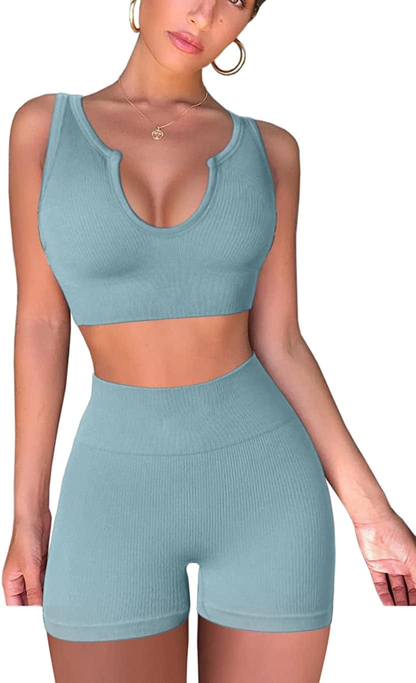 Seamless Workout Sets for Women Ribbed Sport Bra High Waist Running Shorts Gym 2 Piece Yoga Sets