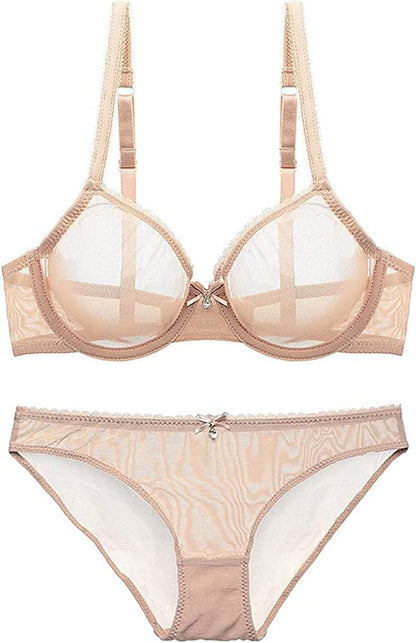 See through Bra and Panties, Sheer Mesh Bra and Panty Set for Women Sexy, Unlined Lace Bra, Underwire Bra Beige1 / 40D