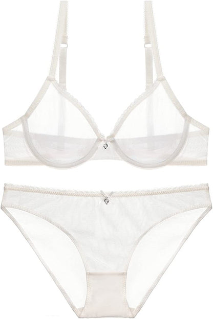 See through Bra and Panties, Sheer Mesh Bra and Panty Set for Women Sexy, Unlined Lace Bra, Underwire Bra White1 / 38D