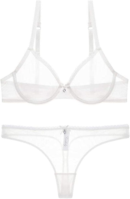 See through Bra and Panties, Sheer Mesh Bra and Panty Set for Women Sexy, Unlined Lace Bra, Underwire Bra White2 / 40D