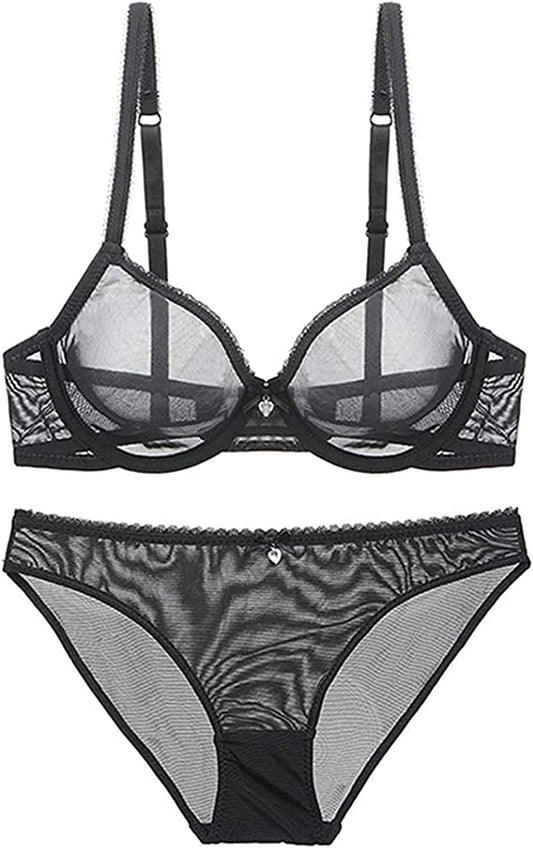 See through Bra and Panties, Sheer Mesh Bra and Panty Set for Women Sexy, Unlined Lace Bra, Underwire Bra Black / 36B