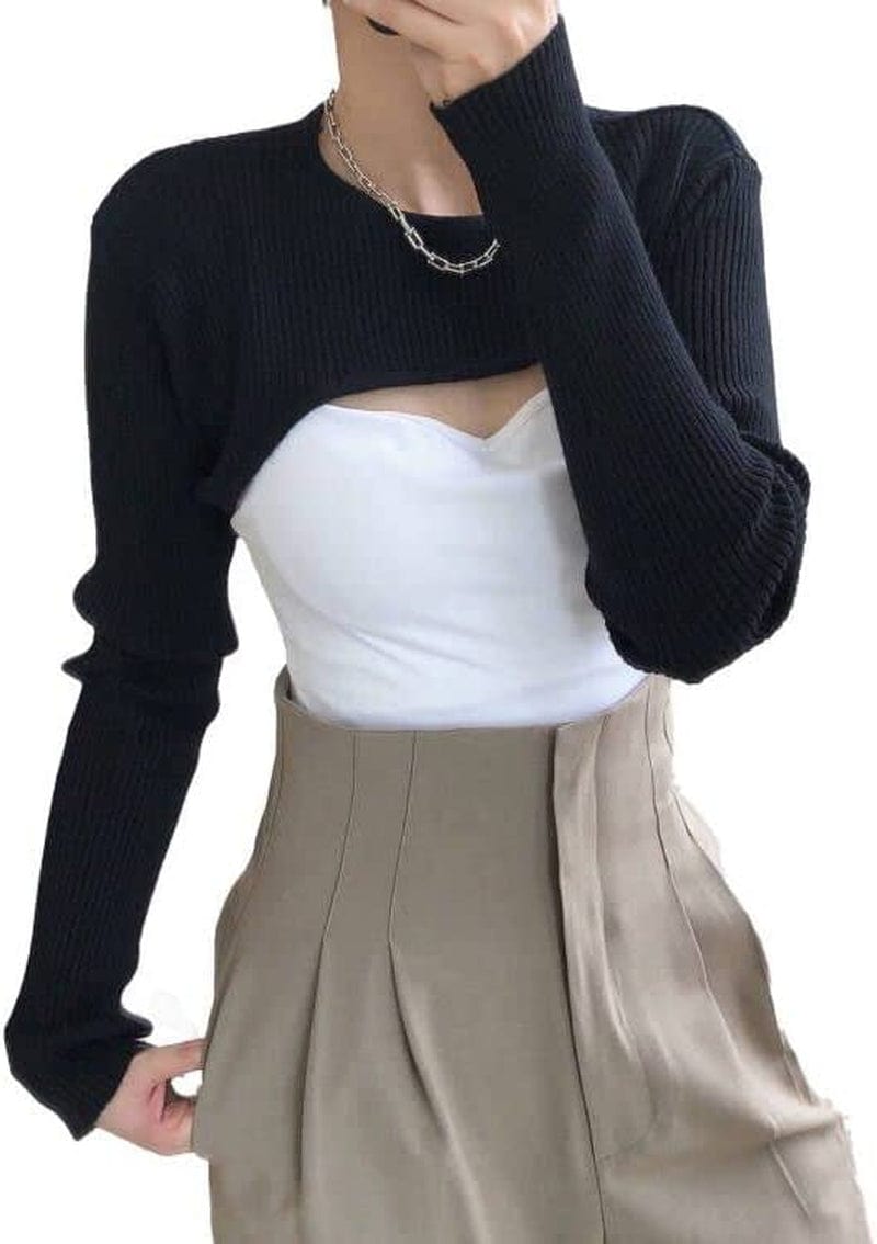 See through Mesh Crop Top Sheer Open Front Shrug Fishnet Cover Ups with Buckle Black-knit / Small-Large