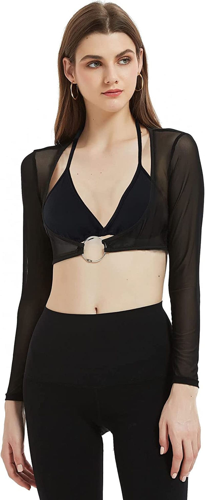 See through Mesh Crop Top Sheer Open Front Shrug Fishnet Cover Ups with Buckle Black (With 6 Circles) / Small