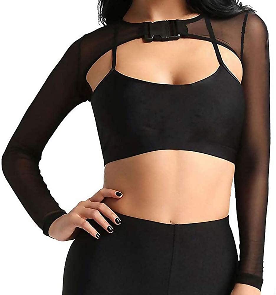 See through Mesh Crop Top Sheer Open Front Shrug Fishnet Cover Ups with Buckle Black / Small