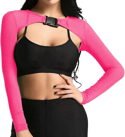 See through Mesh Crop Top Sheer Open Front Shrug Fishnet Cover Ups with Buckle Pink / Large-X-Large