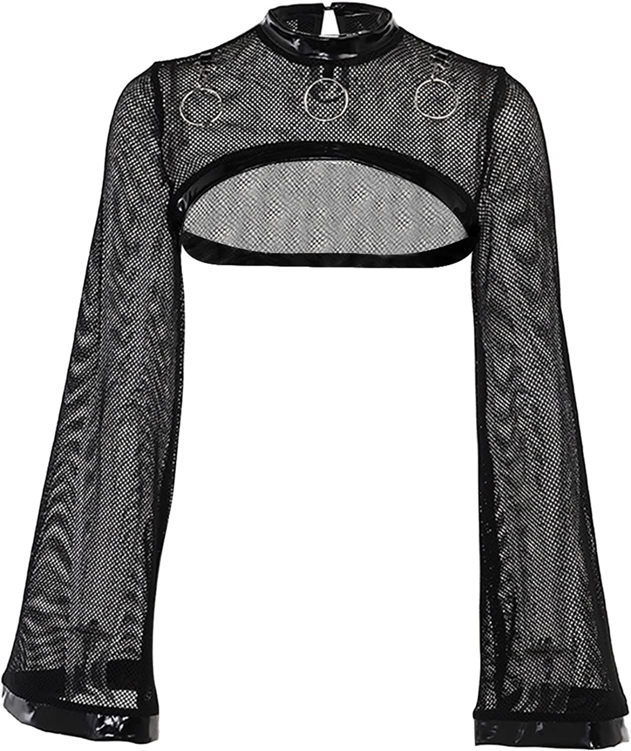 See through Mesh Crop Top Sheer Open Front Shrug Fishnet Cover Ups with Buckle Fishnet Black(without Buckle) / Large-X-Large