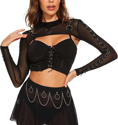 See through Mesh Crop Top Sheer Open Front Shrug Fishnet Cover Ups with Buckle Black-1 (Without Buckle) / Large-X-Large