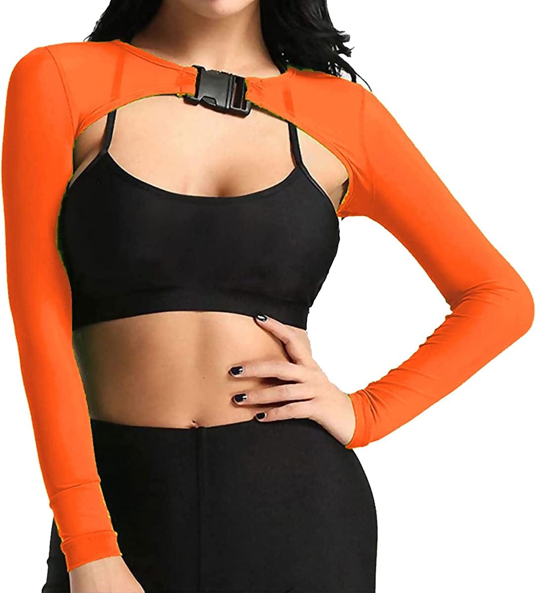 See through Mesh Crop Top Sheer Open Front Shrug Fishnet Cover Ups with Buckle Orange / Small