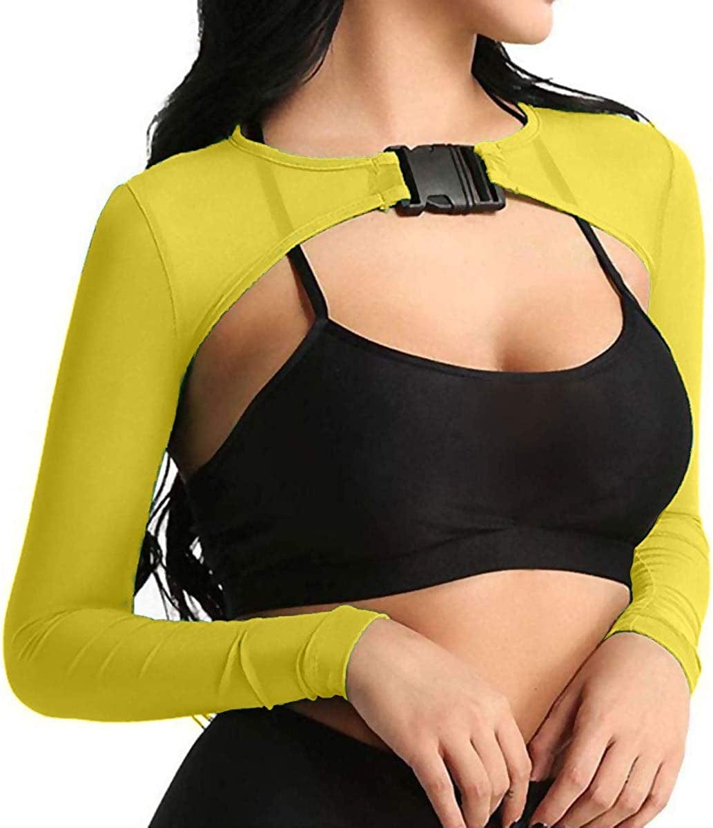 See through Mesh Crop Top Sheer Open Front Shrug Fishnet Cover Ups with Buckle Yellow / Small