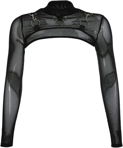 See through Mesh Crop Top Sheer Open Front Shrug Fishnet Cover Ups with Buckle Black (Without Buckle) / Small