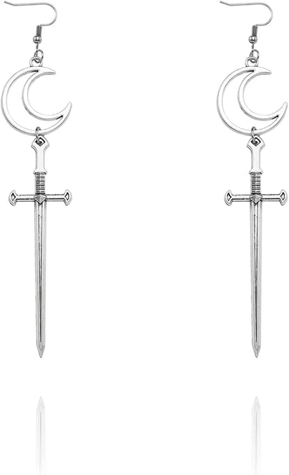 Selenichast Sword Earrings Gothic Dagger Earrings Pentagram Sun and Moon Earrings Punk Vintage Dangle Earrings for Women Men sword 4