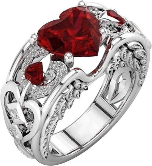 Semi Colon Stainless Steel Ring Heart Shape Diamond Zircon Women Fashion Trend Full Diamond Zircon Ring Ladies Jewelry Diamond Rings for Women Size 5 11 Mood Ring Necklace (Red, 5) Red / 10