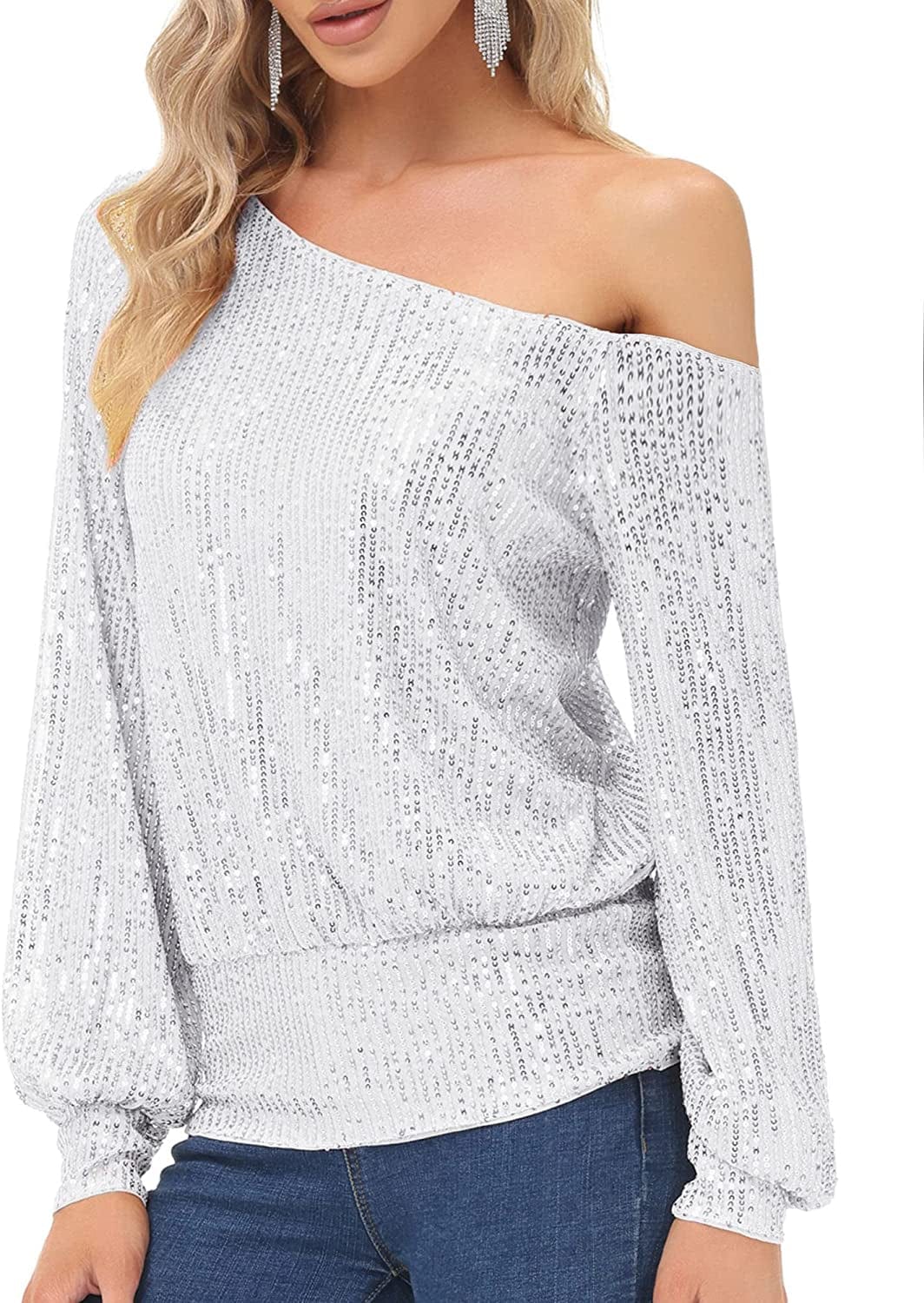 Sequin One Shoulder Sparkly Long Sleeve Tops for Holiday Evening Party Club Night Silver / Small
