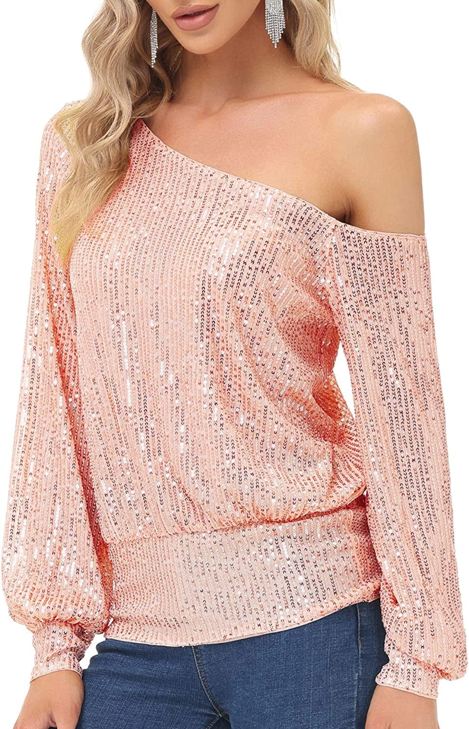 Sequin One Shoulder Sparkly Long Sleeve Tops for Holiday Evening Party Club Night Rose Gold / Small