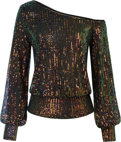 Sequin One Shoulder Sparkly Long Sleeve Tops for Holiday Evening Party Club Night