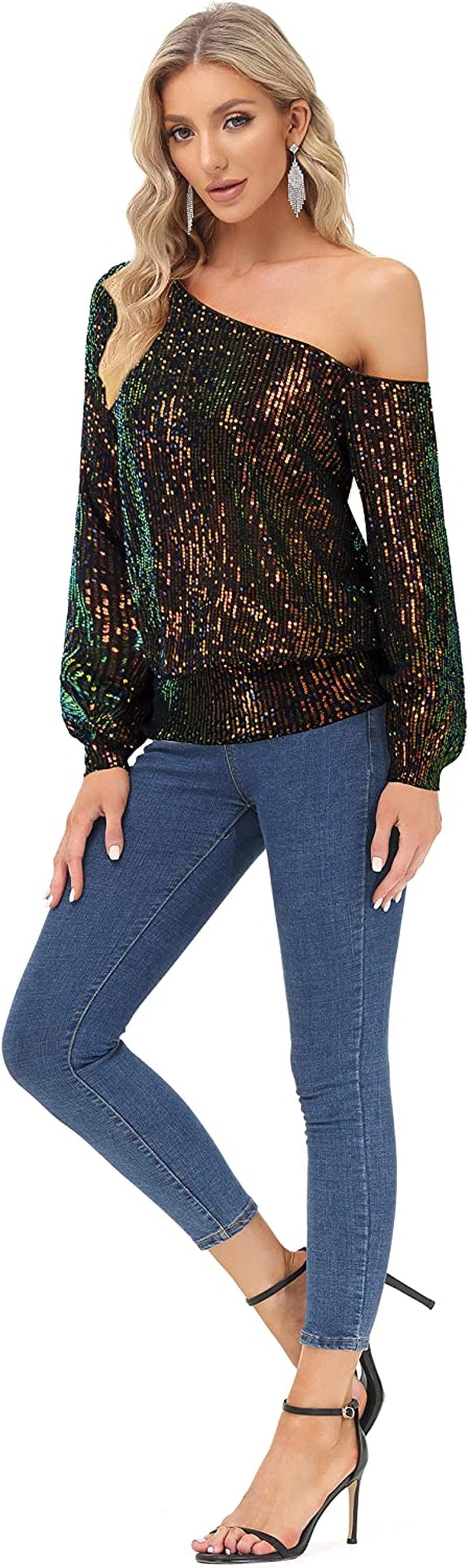 Sequin One Shoulder Sparkly Long Sleeve Tops for Holiday Evening Party Club Night