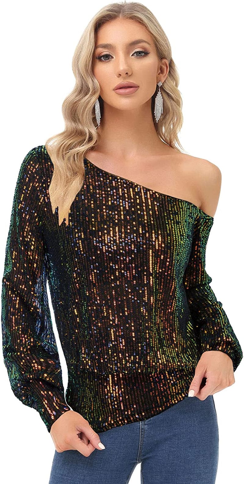 Sequin One Shoulder Sparkly Long Sleeve Tops for Holiday Evening Party Club Night