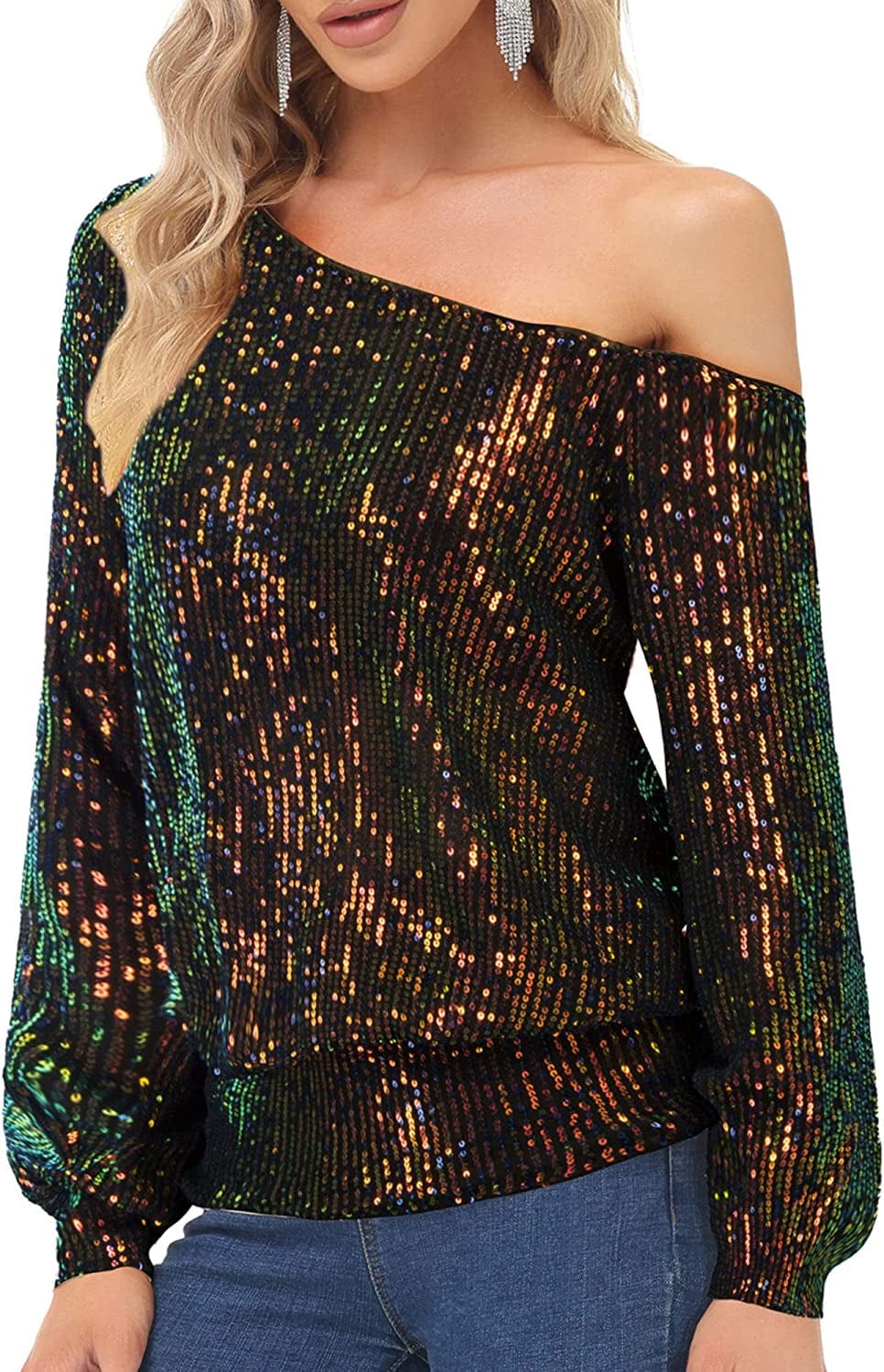 Sequin One Shoulder Sparkly Long Sleeve Tops for Holiday Evening Party Club Night Multicolor / Small