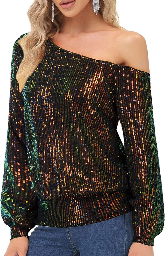 Sequin One Shoulder Sparkly Long Sleeve Tops for Holiday Evening Party Club Night Multicolor / Small