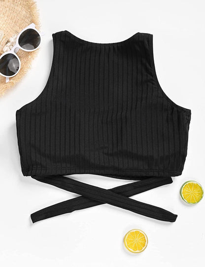 Sexy Crop Tops for Women Deep V Neck Tie Back Wrap Top Sleeveless Ribbed Slim Tank Top with Built in Bra