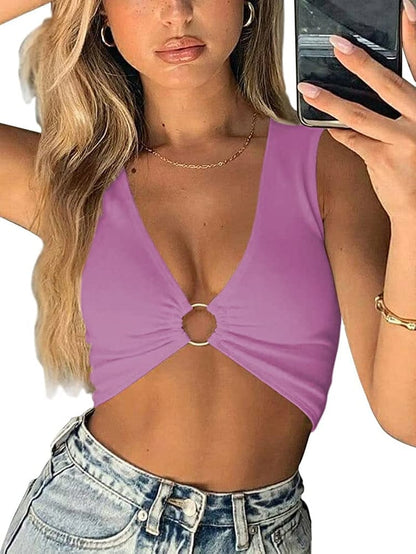 Sexy Crop Tops for Women Sleeveless Deep V Neck Workout Tops Plunge Ring Cleavage Cropped Tank Top Purple / X-Small