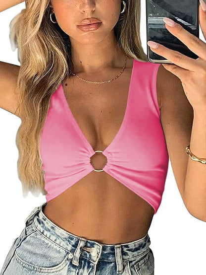 Sexy Crop Tops for Women Sleeveless Deep V Neck Workout Tops Plunge Ring Cleavage Cropped Tank Top Pink / X-Small