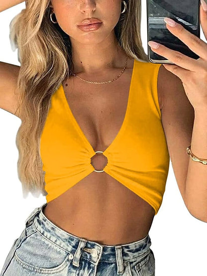 Sexy Crop Tops for Women Sleeveless Deep V Neck Workout Tops Plunge Ring Cleavage Cropped Tank Top Yellow / X-Small