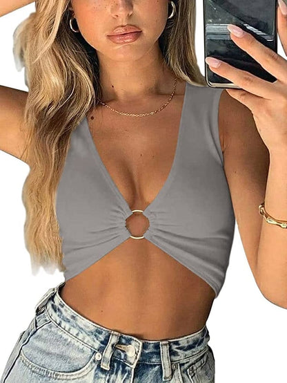 Sexy Crop Tops for Women Sleeveless Deep V Neck Workout Tops Plunge Ring Cleavage Cropped Tank Top Gray / X-Small