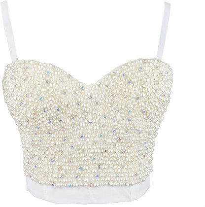 Sexy Pearls Beaded Rhinestone Bustier Crop Top Push up Corset Top with Detachable Straps