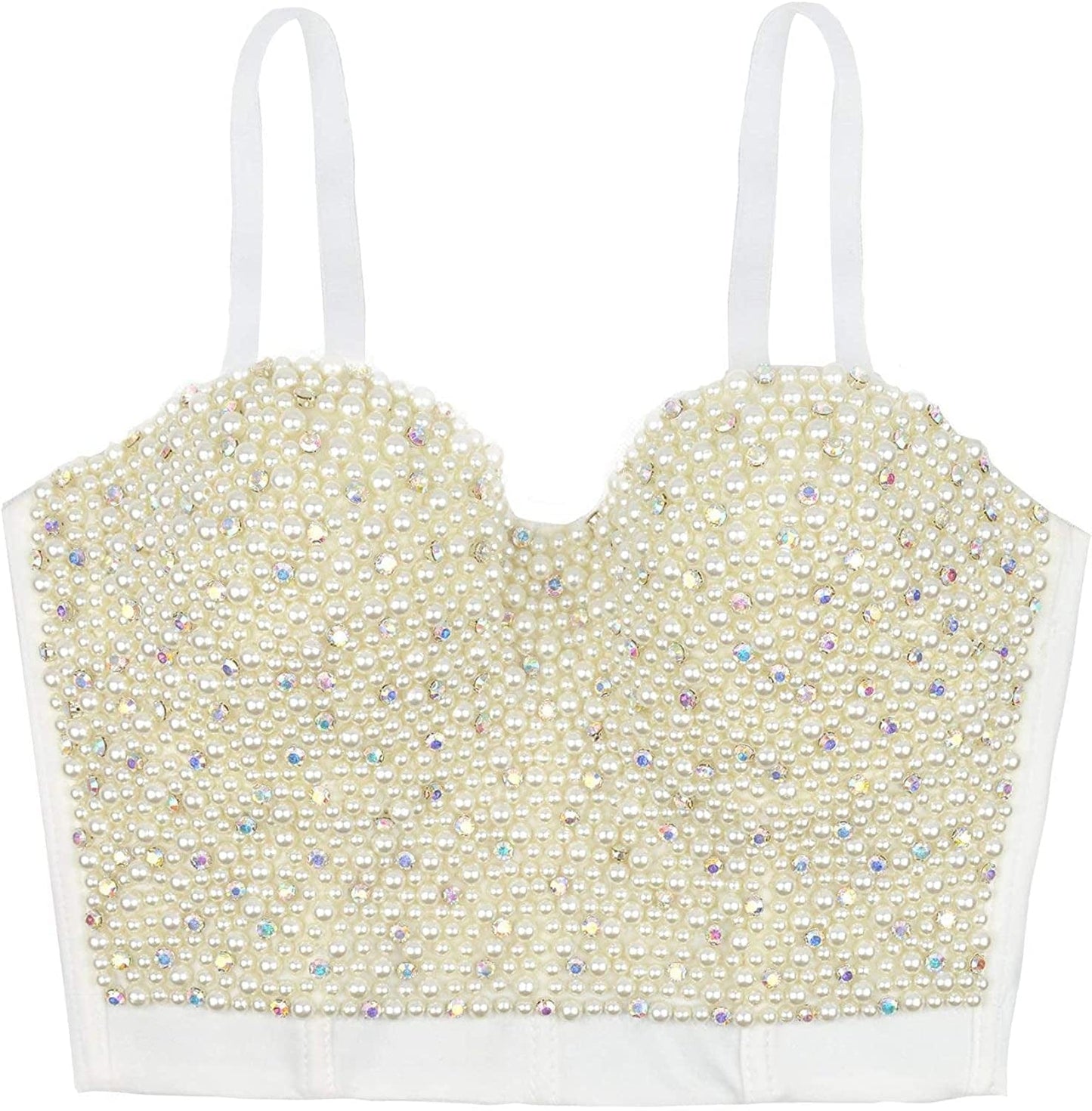 Sexy Pearls Beaded Rhinestone Bustier Crop Top Push up Corset Top with Detachable Straps