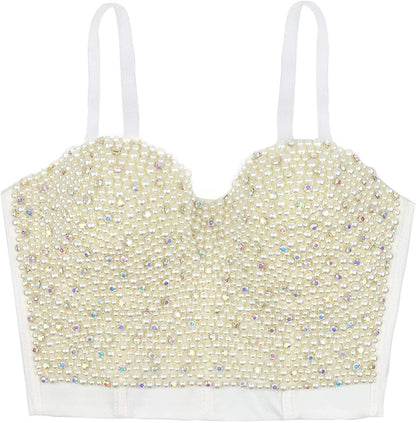 Sexy Pearls Beaded Rhinestone Bustier Crop Top Push up Corset Top with Detachable Straps