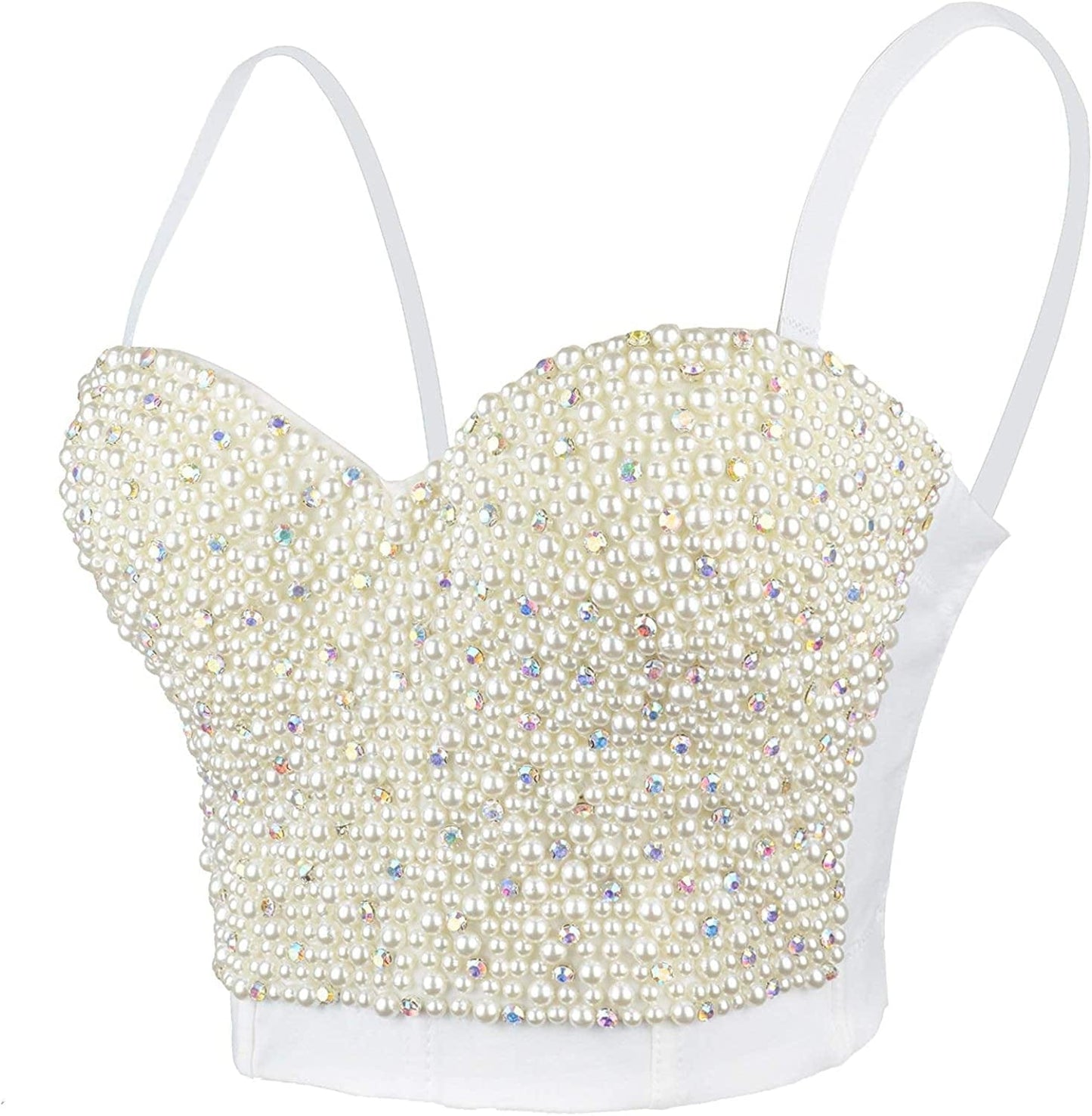 Sexy Pearls Beaded Rhinestone Bustier Crop Top Push up Corset Top with Detachable Straps Medium