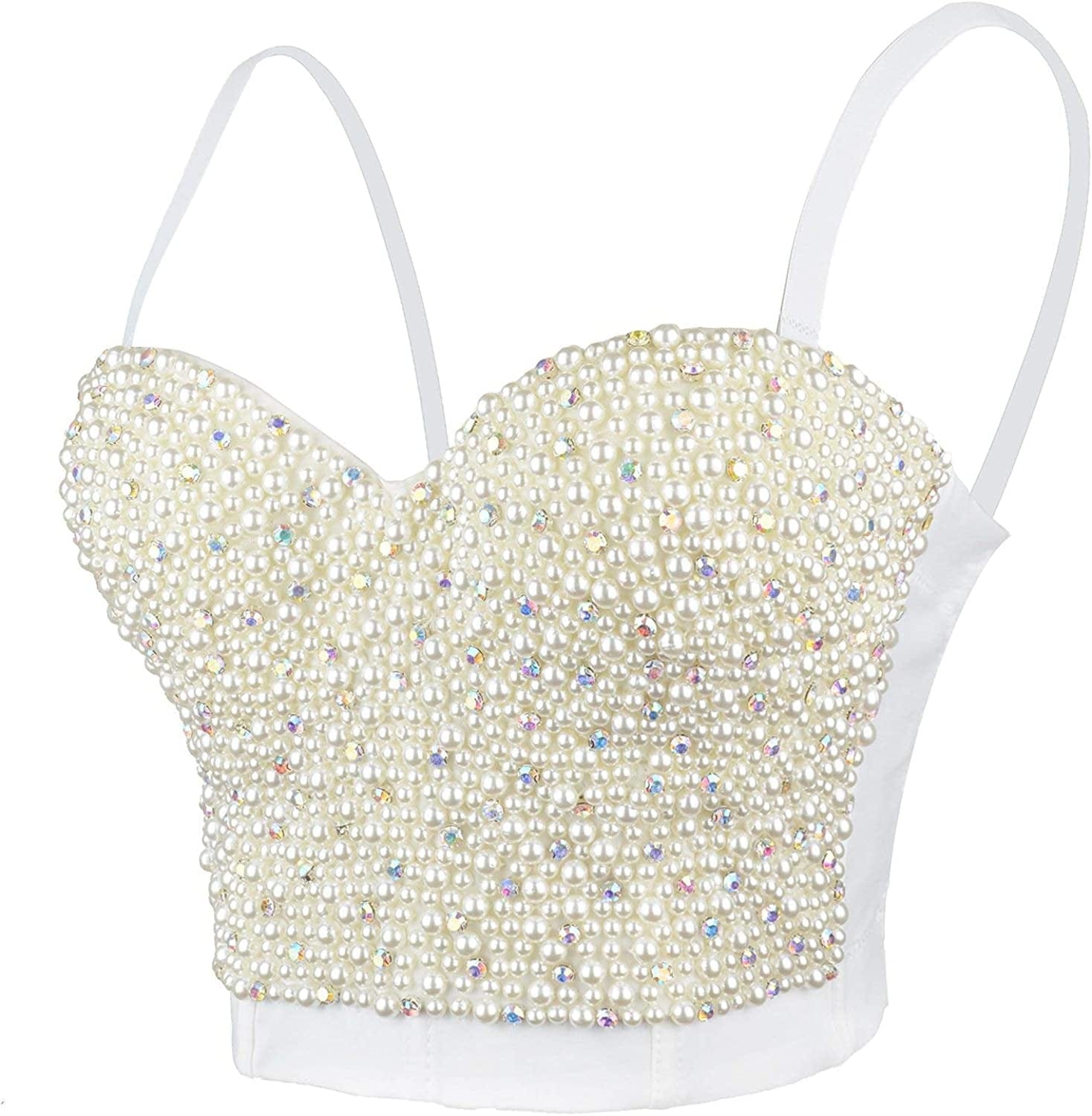 Sexy Pearls Beaded Rhinestone Bustier Crop Top Push up Corset Top with Detachable Straps Medium